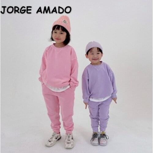 2021 New Autumn Kids Girls Boys 2-pcs Sets Casual Candy Solid Color Long Sleeves Hoodies + Sports Pants Children Clothes E40