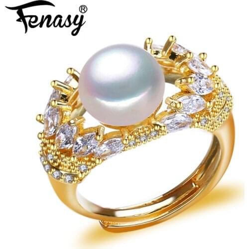 FENASY Natural Freshwater Pearl Rings For Women Luxury Adjustable Gold Color Ring Female Party Wedding Jewelry
