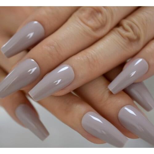 Tapered Ballerina Shape Fake Nails Long Cream Taro Color Gel UV Square Tips Reusable Designed Nail with Glue sticker