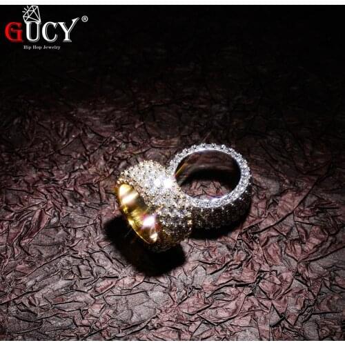 GUCY Ice Out Cubic Zircon Mens Ring 14 K Copper Charm Gold Silver Color Party RING Fashion Hip Hop Rock Jewelry