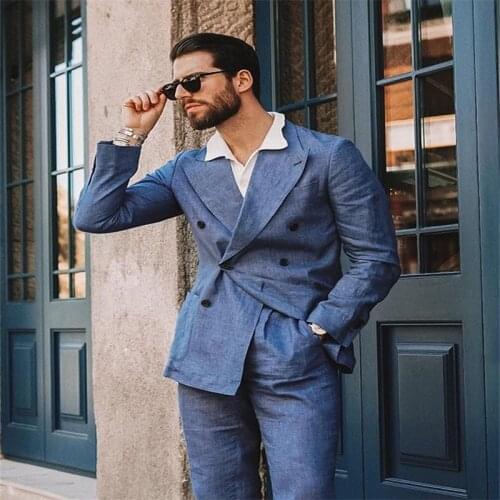 Handsome 2-piece Blue Casual Double Breasted Men Suits Custom Made Suits Tuxedos Party Formal Business Peaked Lapel Blazer