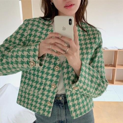 Houndstooth Coat Women Full Sleeve V-neck Pearl Buckle Jacket Korean Color Matching Tweed Elegant Ladies Tops Short Coat 2021