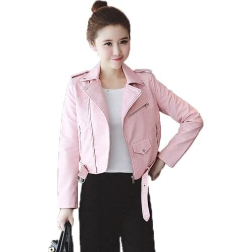 Autumn Winter New Fashion Brand Pink Blue Women Leather Jackets Soft Pu Faux Leather Coats Slim Short Design Motorcycle Outwear
