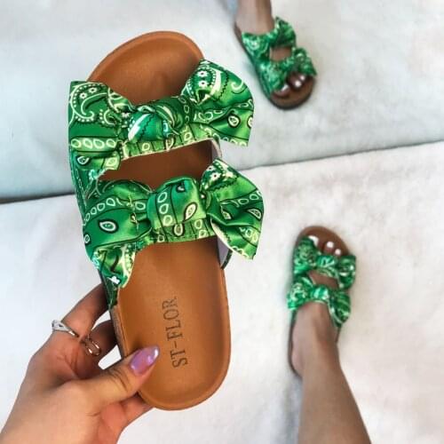 2021 European and American Summer New Fashion Printed Bow Casual Slippers Womens Outer Wear Slippers