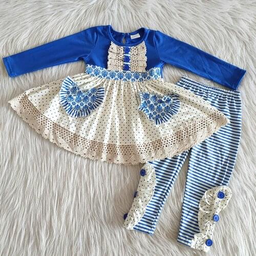 Fashion children girls pockets outfits autumn hipster 2 pcs set kid baby girls dot and lace boutique childrens clothing suit