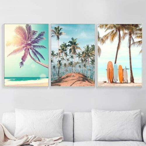 Sea Beach Coconut Tree Starfish Surfboard Wall Art Canvas Painting Nordic Posters and Prints Wall Pictures for Living Room Decor