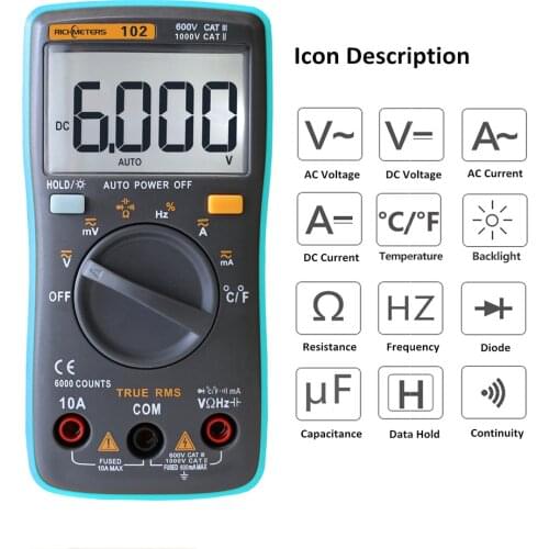 RICHMETERS 102 Multimeter 6000 counts Back light AC/DC Ammeter Voltmeter Ohm Frequency Diode Temperature