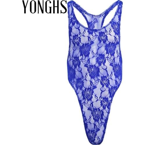 Mens Lingerie Mankini Bodysuit Underwear Floral Lace One-piece Semi See-through High Cut Erotic Sexy Bodysuit Jumpsuit