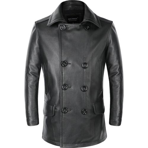 Mens Genuine Leather Trench Autumn Winter Cowhide Leather Coat Fashion Double Breasted Formal Black Real Leather Overcoat