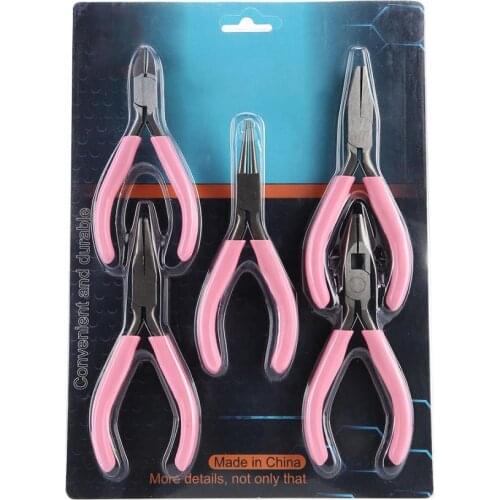 5Pcs 4 Inch Pink Mini Metal Pliers Set Curved Straight Tip Plier Jewelry DIY Crafts Making Hand Tool Cutter Pliers For Jeweler