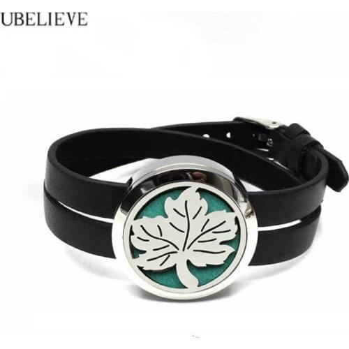 Newest Leaf Aromatherapy Diffuser Bracelet Stainless Steel Perfume Locket with PU Leather Essential Oil Diffuser Locket Bracelet