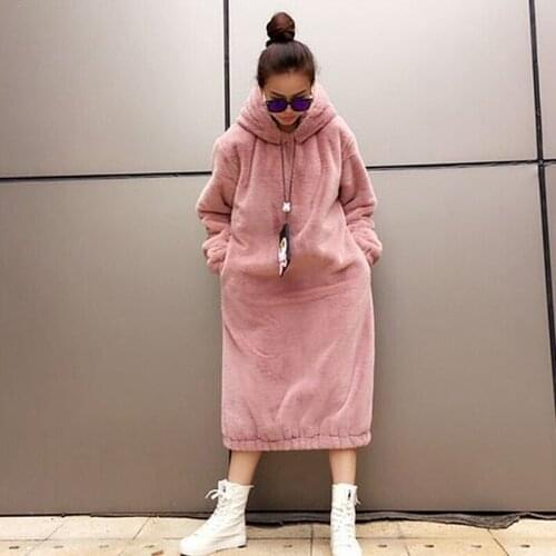 2018 New Winter Fashion Women Faux fur Coat Fur Rabbit Hair Super long Set Head Fleece Long Skirt Black Pink Warm Loose Hooded