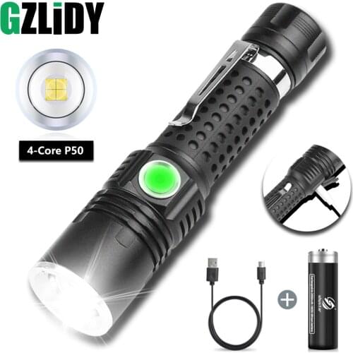 USB Rechargeable LED Flashlight Powerful 4 Core P50 Torch with Power Display Waterproof Fishing Lantern Zoom 18650 Camping Light
