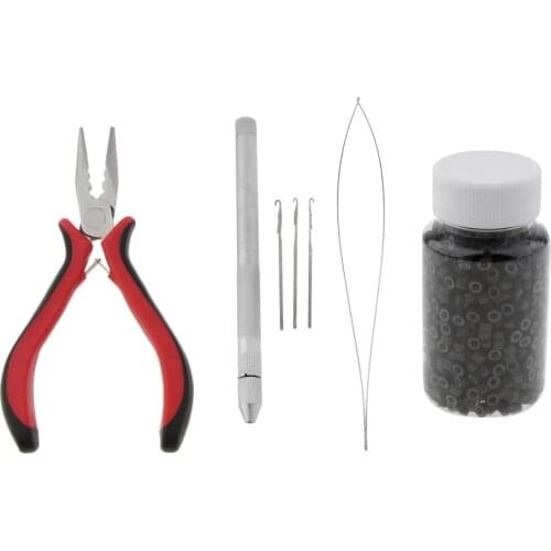 Hair Extension Feather Pliers Pulling Tool Hook Micro Rings Beads Loops Kit