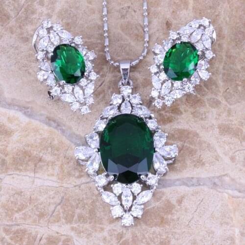 Fancy Green Cubic Zirconia White CZ Silver Plated Earrings Pendant Necklace Jewelry Sets S0799