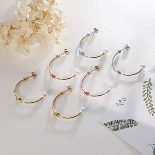 Minar Unique Design Imitation Pearl Tie C Shape Hoop Earings for Women Exquisite Circle Beads Earings Jewelry Gifts