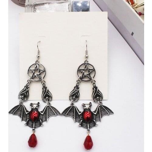 Vintage Silver Halloween Dragon Mythological Creature Red Vampire Bat Pendant Drop Earrings Gothic Victorian Jewelry