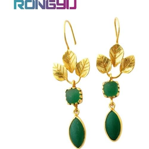 Bohemian Style Leaf and Red Green Synthetic Resin Gemstone Earrings for Women Gift Fashion Jewelry Bridal Retro Pendant Earrings