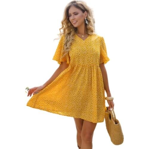Womens Polka Dot Short Sleeve Summer Dress Beautiful Yellow Dress for Party and Holiday