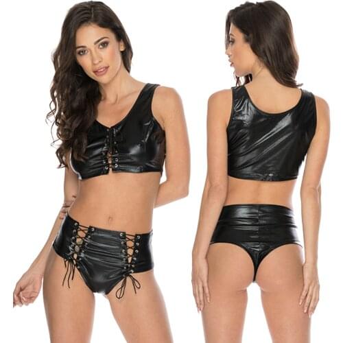 Women PU Faux Leather Sexy Nightwear Halter Bras G-string Lingerie Bodysuits Bandage Erotic Leotard Porno