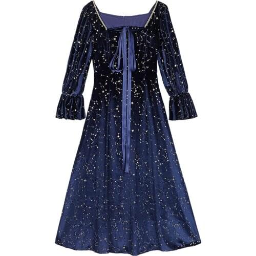 PERHAPS U Women Palace Vintage Navy Blue Square Collar Bow Long Sleeve Velvet Stamping A-line Midi Evening Paty Drees D2191