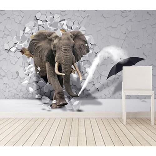 Custom 3D murals burst through the walls of the elephant papel de parede ,living room sofa TV wall children bedroom wallpaper