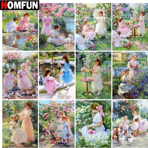 HOMFUN 5D Diy Diamond Painting Cross Stitch "Girl garden flower lake" Home Decor Full Rhinestones Inlay Diamond Embroidery