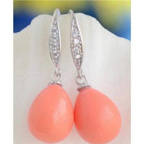 Free Shipping 12 * 14MM PINK CORAL SOUL SOUTH SEA SHELL PEARL BALANCING EARRING