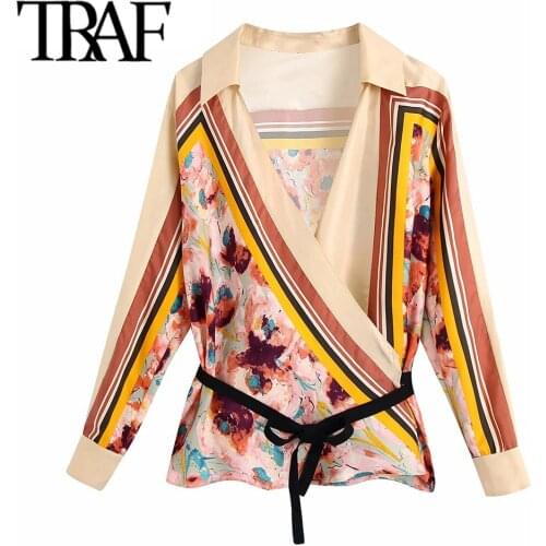 TRAF Women Fashion With Belt Floral Print Wrap Blouses Vintage Long Sleeve Patchwork Female Shirts Blusas Chic Tops