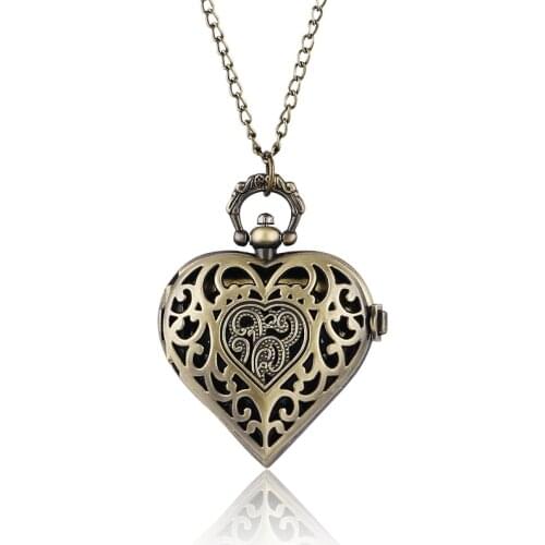 Bronze Copper Steampunk Hollow Quartz Heart-shaped Pocket Watch Necklace Pendant Chain Women Ladies Girl reloj de bolsillo P71