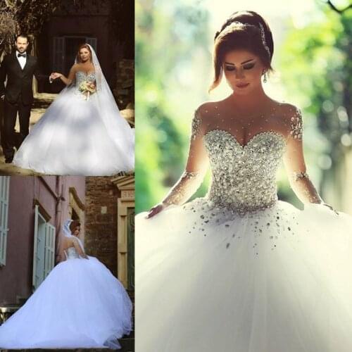 Crystal Wedding Dresses Bridal Gowns Crystal Beads Ball Gown Sheer Illusion Crew Neck Long Sleeves Floor Length Arabic