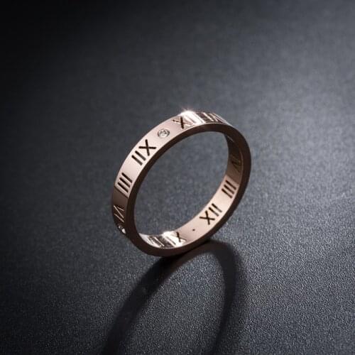 316L Stainless Steel New Fashion Upscale Jewelry Rose Gold Color Embedded Zircon Hollow Roman Numerals Wedding Rings For Women