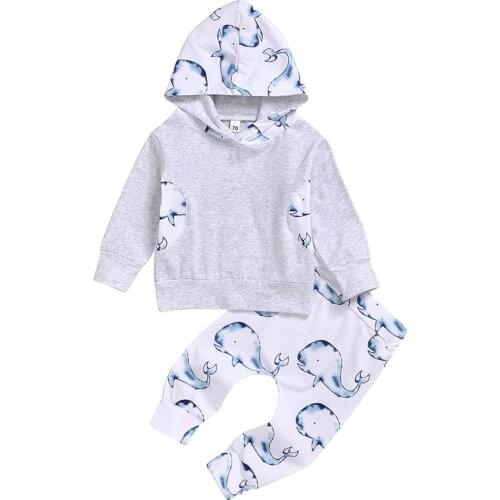 Kid Baby Boy Girl Clothes Set Hooded Grey Long Sleeve Top+Animals Print Long Sleeve Clothing Set Outfit
