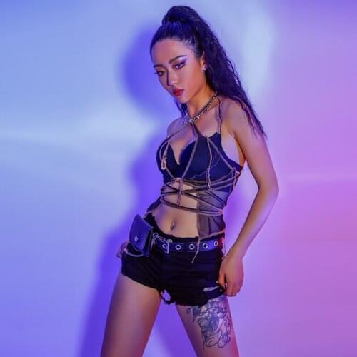 Pole Dance Costume Bar Dj Dancer Performance Clothing Suit Sexy Vest Jeans Shorts Jazz Hip Hop Dancewear Set Gogo Wear YS1817