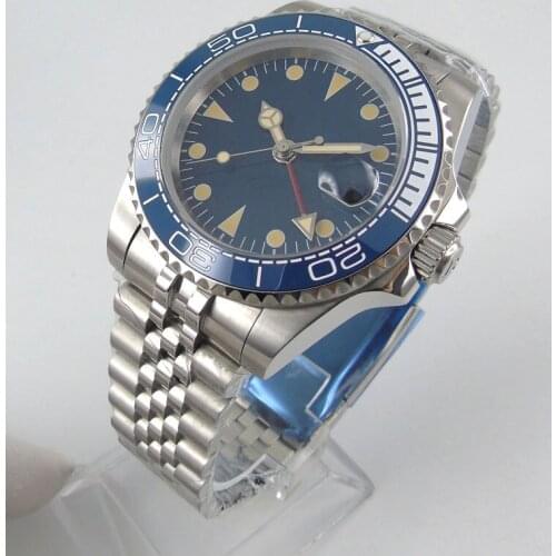 Sapphire Crystal 40mm Blue Dial blue Ceramic Bezel GMT Function Stainless Band Automatic Movement Mens Watch