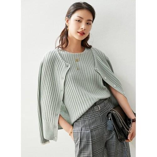 Autumn new round neck cashmere cardigan jacket womens knitted loose outer wear 100% cashmere sweater vest suit