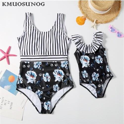 Mother Daughter Matching Swimsuits Striped Patchwork Floral One Piece Bikini Swimwear For Women Girls Swimwear Family