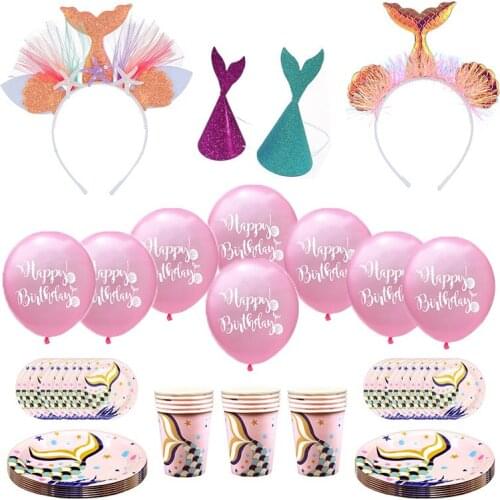 Pink Mermaid Fish Tail Paper Plate Cup Children Birthday Supplies Tableware Mermaid Tablecloth Balloon Party Decoration