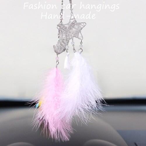 Hand-Made Real Ostrich Fur Moon Star Interior Hanging Ornament Talisman Lucky Cat Car Natural Pandent Keychain Ballchain D625