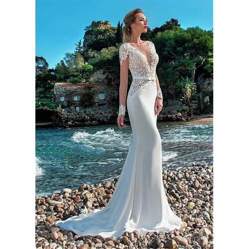 LORIE Sexy Mermaid Wedding Dress Long Sleeves Lace Appliqued Illusion Back Boho Wedding Gown Long Train Bride Dress