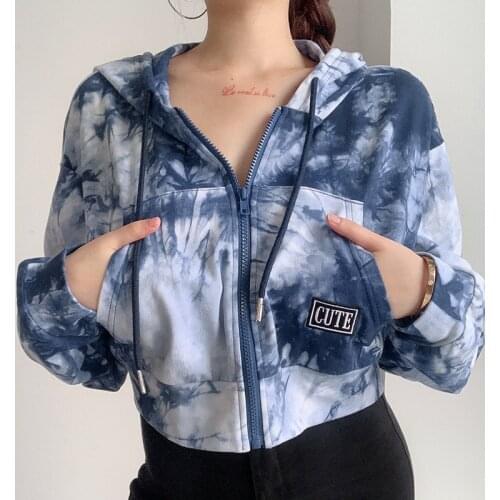 SEASONS Tie Dye Print Casual Oversize Hoodies Women Big Pocket Patchwork Crop Sweatshirt Vintage Hooded Top Harajuku ASHO81773