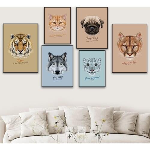 Tiger Lion Wolf Pug Snow Leopard Cat Wall Art Canvas Painting Nordic Posters and Prints Wall Pictures Kids Room Decor