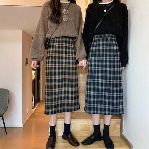 Vintage Plaid Women Skirts Autumn Skirt Female Warm Thick Skirts Winter Mujer Femme Women Long Skirts Maxi Korean StyleY688