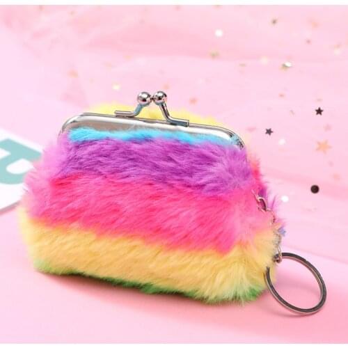 Women Fleecy Fuzzy Handbags Small Coin Purse Handy Bag Packet Wallet Rainbow Women Coin Purse For Girl Kid Gift