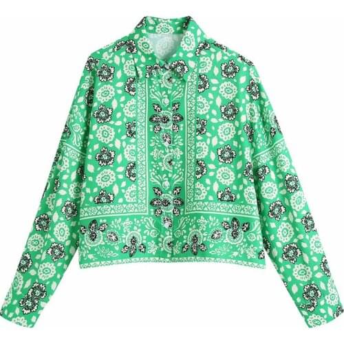Evfer Women Fashion Flower Print 2021 Za Green Loose Shirts Chic Lady Casual Turn-Down Collar Long Sleeve Holiday Style Blouse
