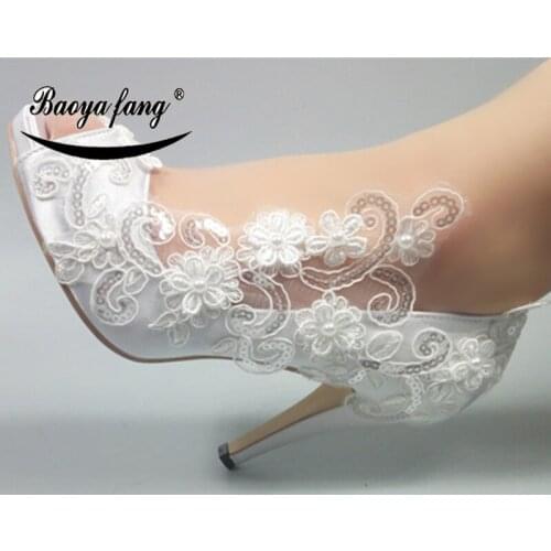 BaoYaFang Women wedding shoes Bride New arrival White lace party dress shoes Peep Toe Open toe Ladies Pumps big size shoe