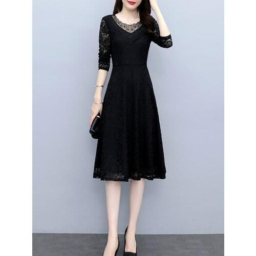 Women Elegant Lace Long Sleeve Dress Autumn Birthday Party Cocktail Slim Casual Loose Robe A-Line Black Dress Clohtes For Ladies