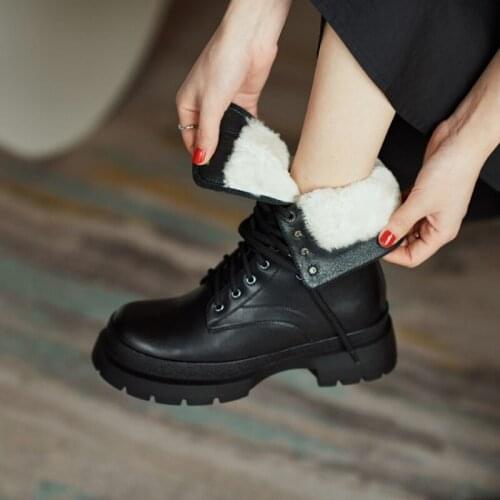 2021 Winter Women Shoes Split Leather Round Toe Chunky Heel Women Boots Wool Blend Snow Boots Platform Boots Motorcycle Boots