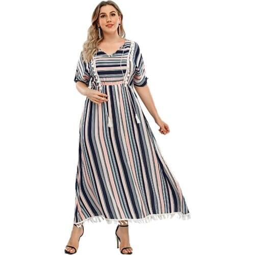 5XL Plus Size Clothes Vintage Striped Print Half Sleeve Loose Long Dress Women Beach Party Elegant Maxi Dress African Clothing