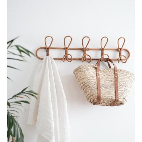 Large Vintage Rattan Clothes Hanger Kids Garments Organizer Rack Rattan Wall Hooks Clothes Hat Hanging Hook Room Decor